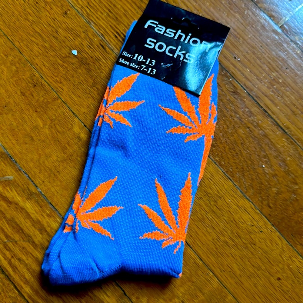 Neon blue and orange weed socks, new